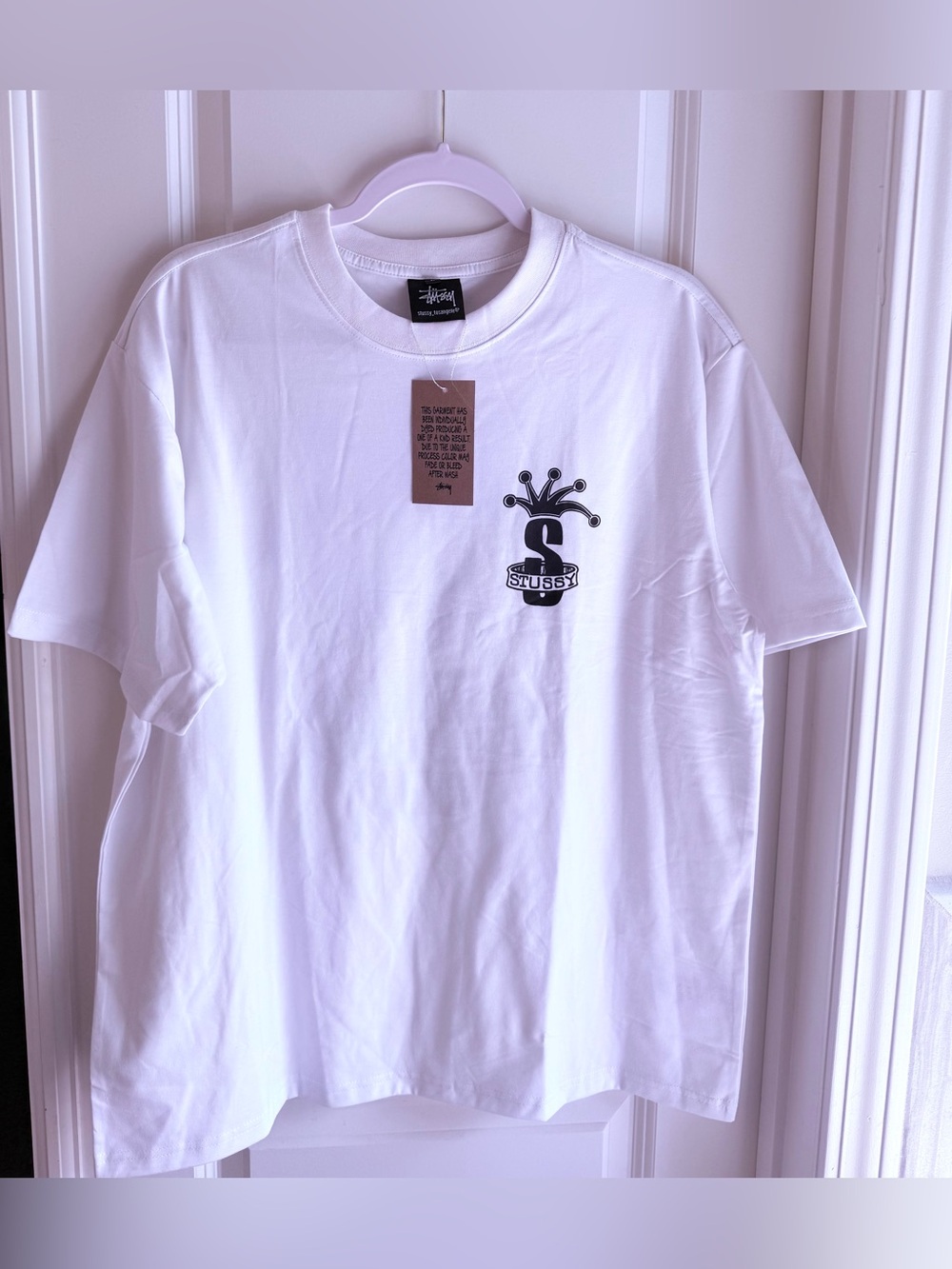 Stussy White Tee with Black Crown S Logo
